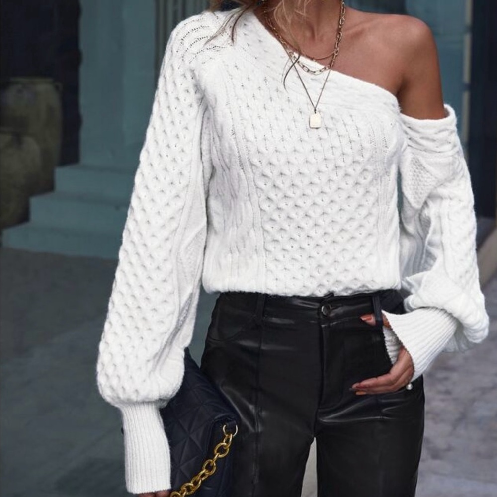 White Off-Shoulder Cable Knit Sweater